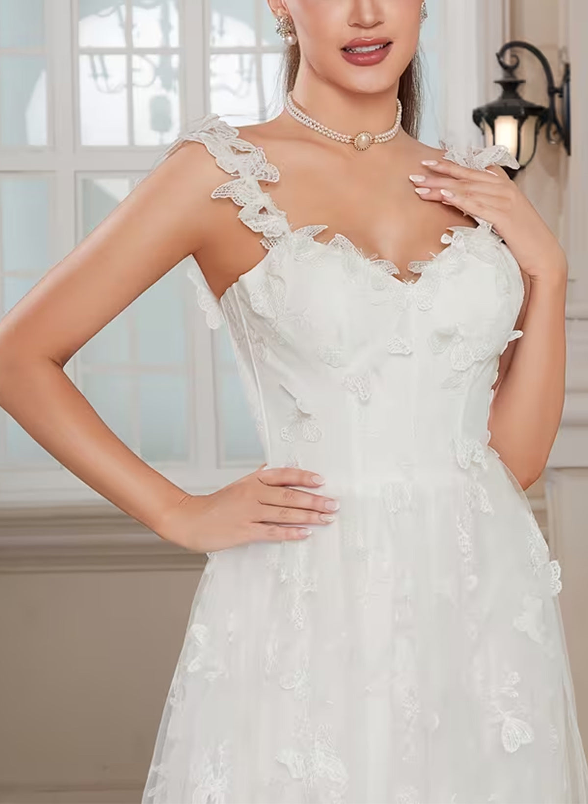 Applique Spaghetti Straps Sleeveless Tulle A-Line Ankle-Length Wedding Dress