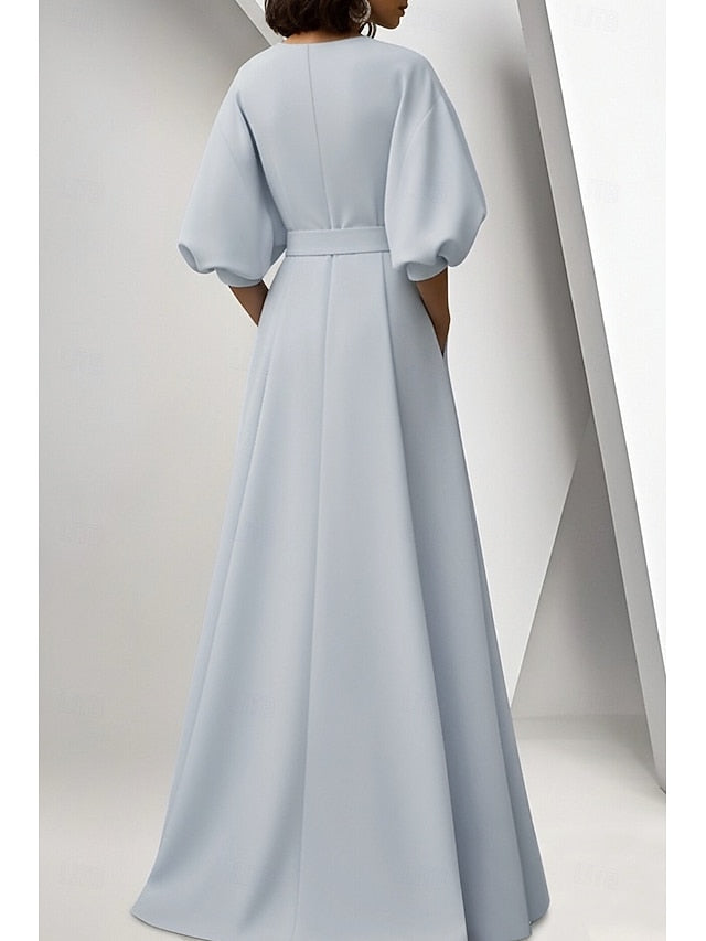 Half Sleeve Applique Belt Evening Gown Mother of the Bride Dress