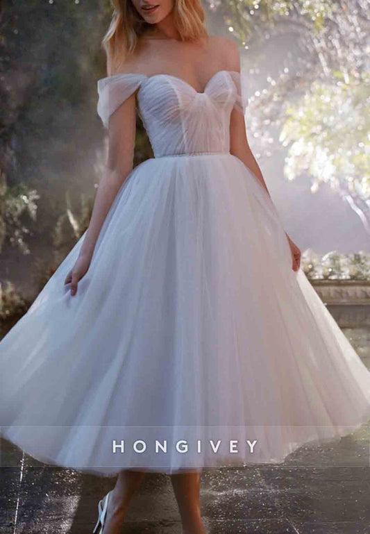Organza Off the Shoulder Tea-Length Sweetheart Princess Wedding Dresses