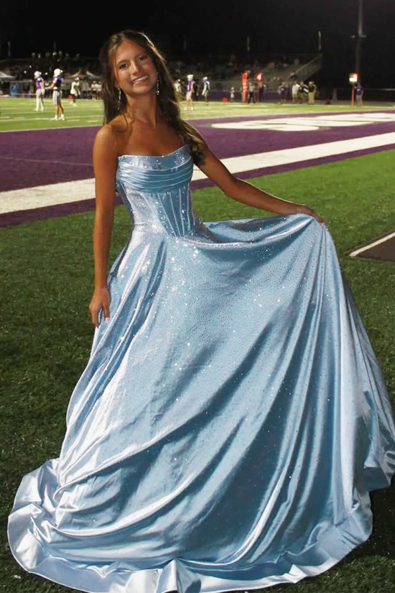 Niels | Sky Blue - Strapless A Line Satin Beaded Long Prom Dresses With Pockets