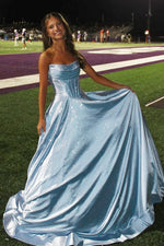 Niels | Sky Blue - Strapless A Line Satin Beaded Long Prom Dresses With Pockets