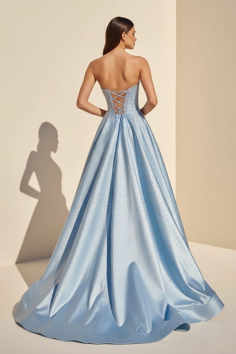 Niels | Sky Blue - Strapless A Line Satin Beaded Long Prom Dresses With Pockets