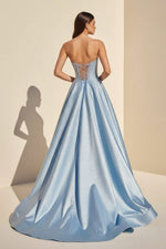 Niels | Sky Blue - Strapless A Line Satin Beaded Long Prom Dresses With Pockets