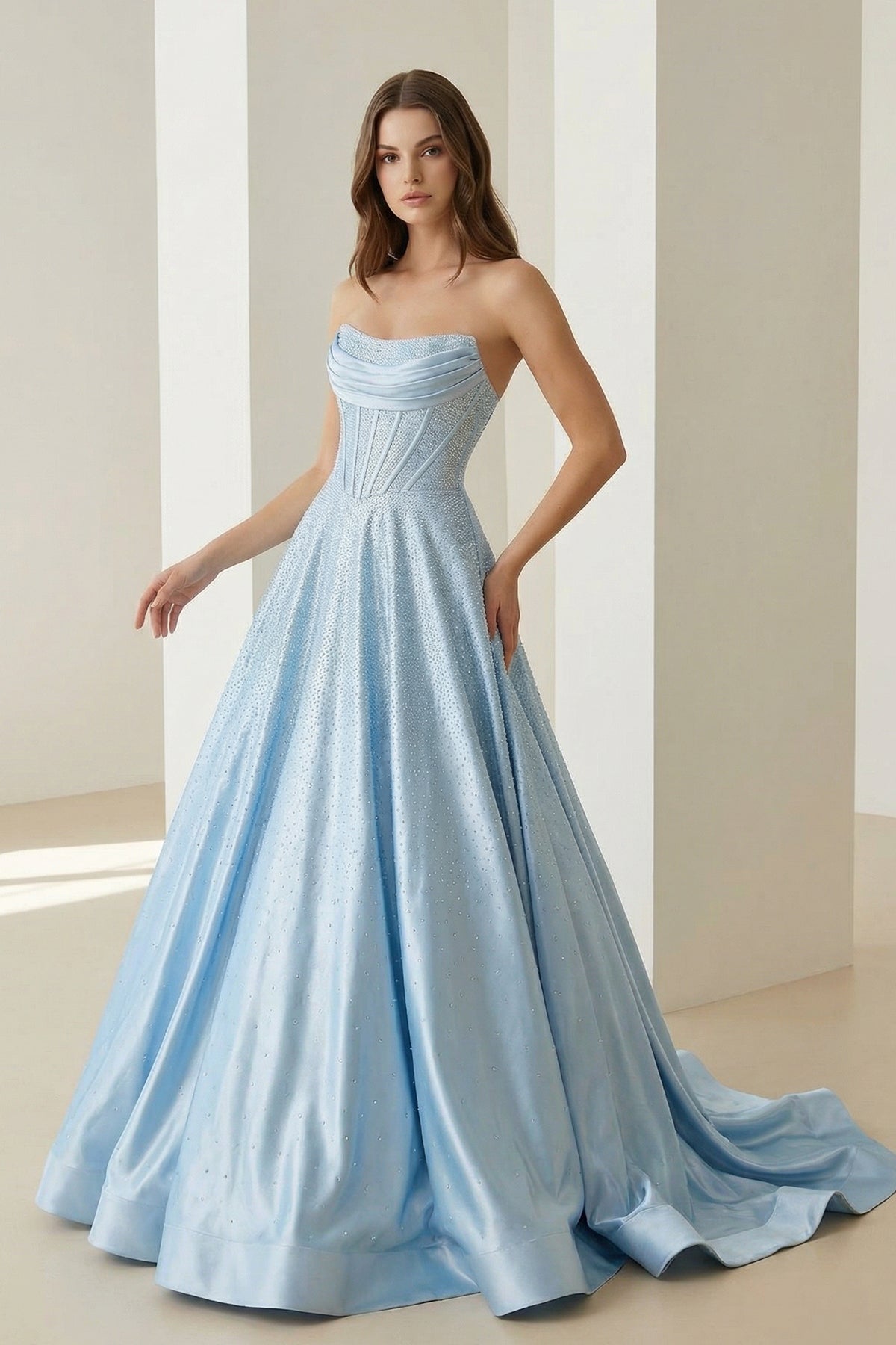Niels | Sky Blue - Strapless A Line Satin Beaded Long Prom Dresses With Pockets