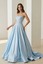 Niels | Sky Blue - Strapless A Line Satin Beaded Long Prom Dresses With Pockets