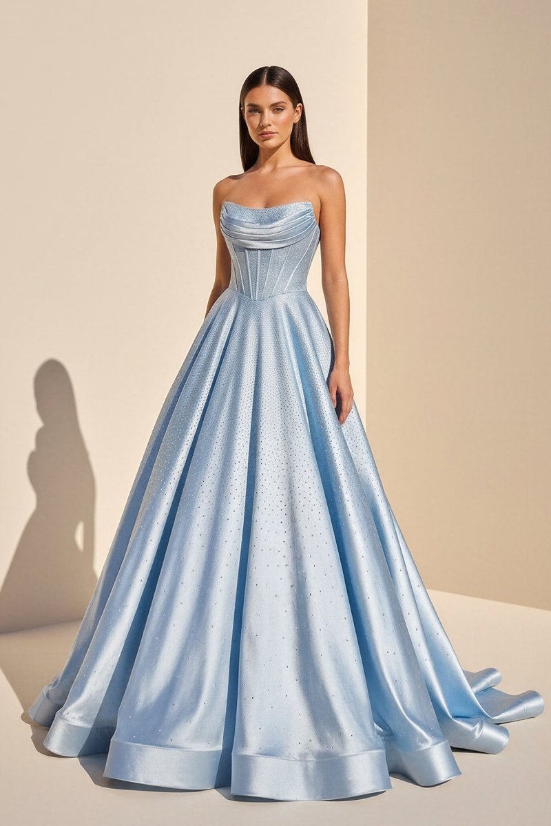 Niels | Sky Blue - Strapless A Line Satin Beaded Long Prom Dresses With Pockets