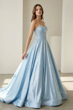 Niels | Sky Blue - Strapless A Line Satin Beaded Long Prom Dresses With Pockets