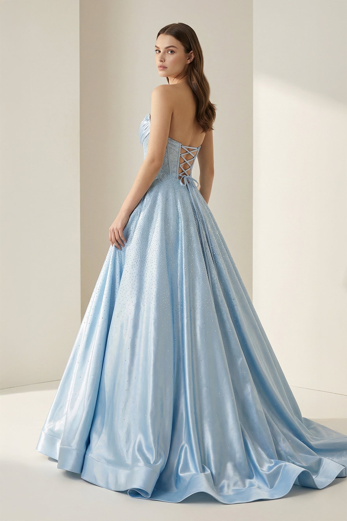 Niels | Sky Blue - Strapless A Line Satin Beaded Long Prom Dresses With Pockets