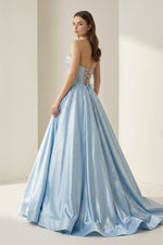 Niels | Sky Blue - Strapless A Line Satin Beaded Long Prom Dresses With Pockets