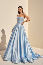 Niels | Sky Blue - Strapless A Line Satin Beaded Long Prom Dresses With Pockets