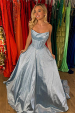 Niels | Sky Blue - Strapless A Line Satin Beaded Long Prom Dresses With Pockets