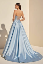 Niels | Sky Blue - Strapless A Line Satin Beaded Long Prom Dresses With Pockets