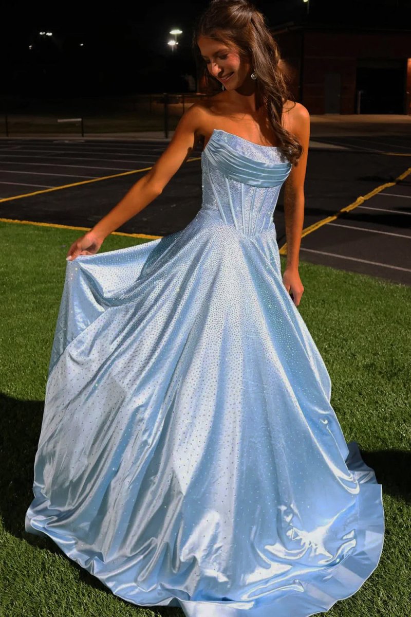 Niels | Sky Blue - Strapless A Line Satin Beaded Long Prom Dresses With Pockets