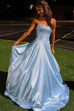 Niels | Sky Blue - Strapless A Line Satin Beaded Long Prom Dresses With Pockets