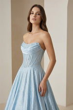 Niels | Sky Blue - Strapless A Line Satin Beaded Long Prom Dresses With Pockets
