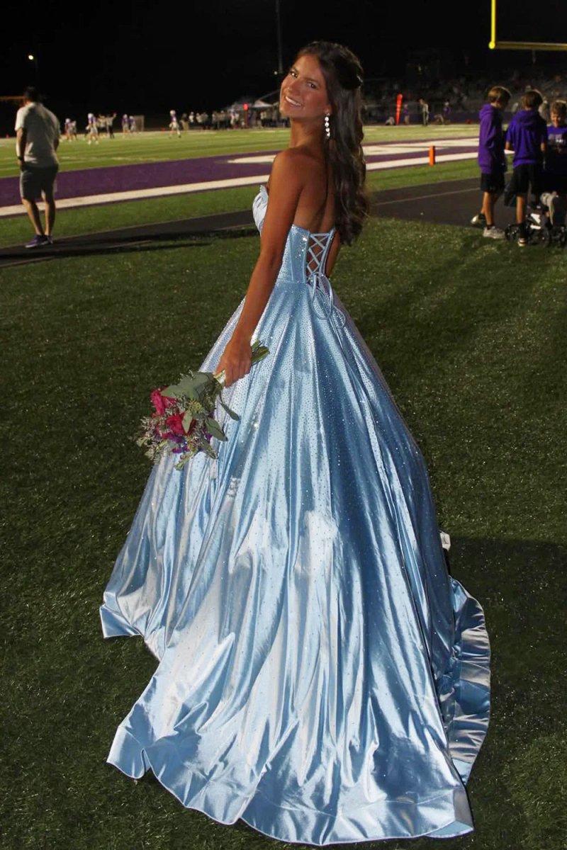 Niels | Sky Blue - Strapless A Line Satin Beaded Long Prom Dresses With Pockets