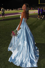 Niels | Sky Blue - Strapless A Line Satin Beaded Long Prom Dresses With Pockets