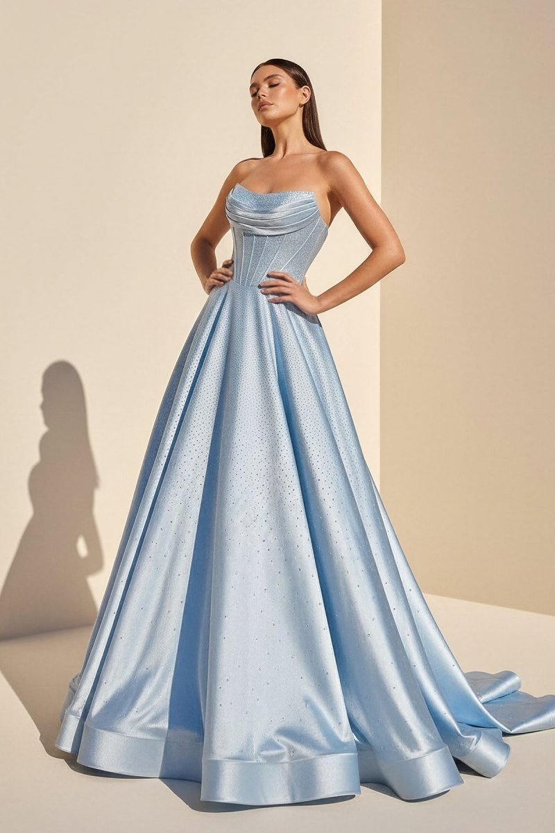 Niels | Sky Blue - Strapless A Line Satin Beaded Long Prom Dresses With Pockets