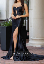 Sweetheart Pleats Split Sleek Prom Party Dress with Sweep Train