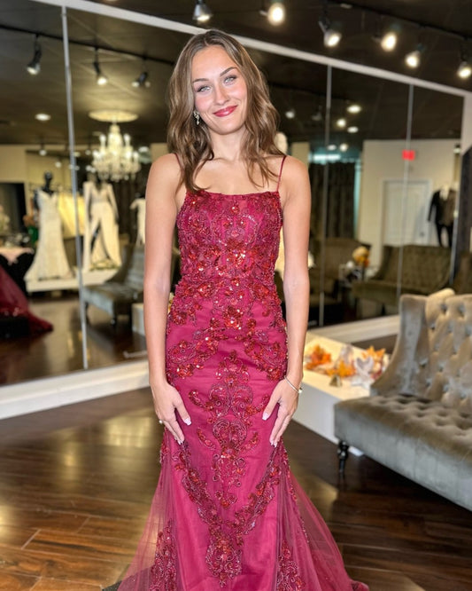 Spaghetti Straps Sequins Applique Mermaid Floor-Length Prom Dress Sleeveless