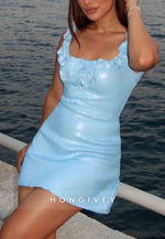 Blue Square Neck Regular Straps Short Homecoming Dress with 3D Flowers