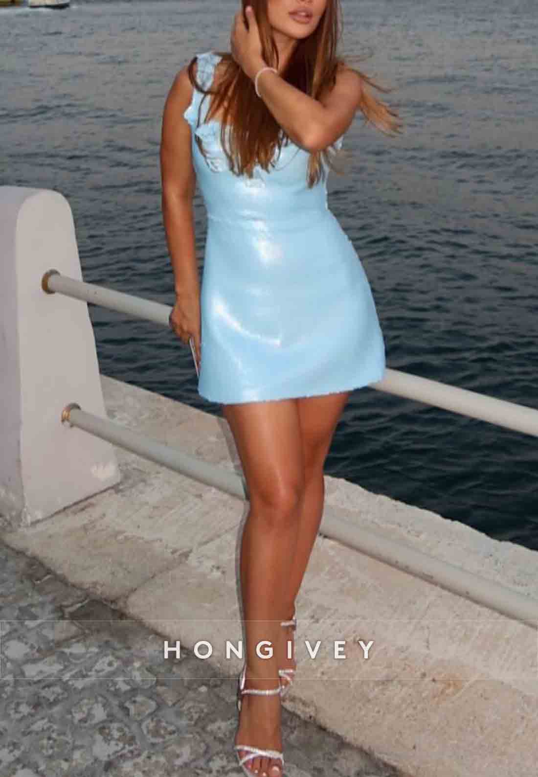 Blue Square Neck Regular Straps Short Homecoming Dress with 3D Flowers