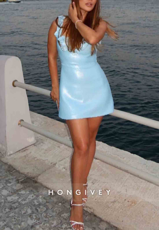 Blue Square Neck Regular Straps Short Homecoming Dress with 3D Flowers