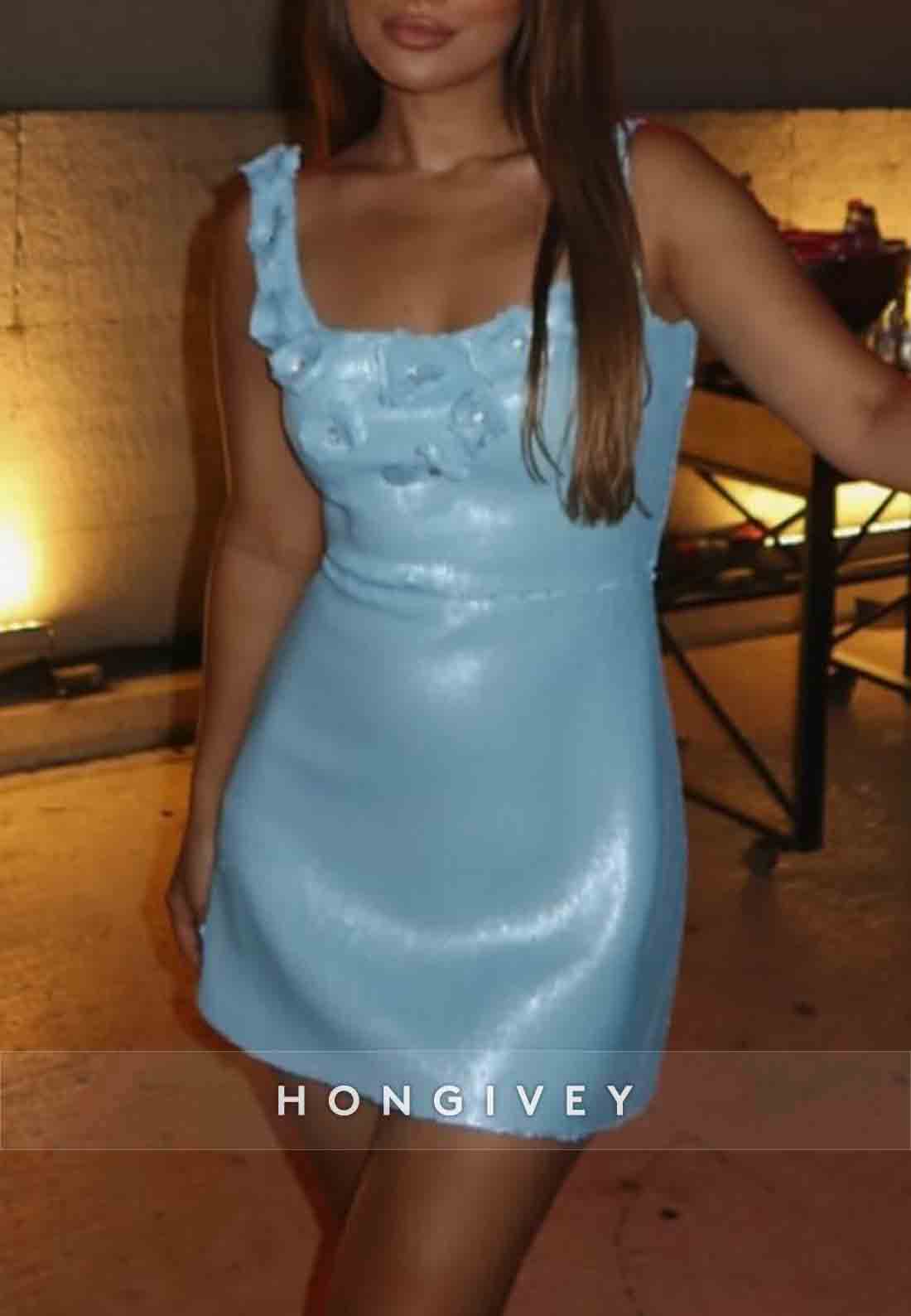 Blue Square Neck Regular Straps Short Homecoming Dress with 3D Flowers