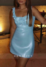 Blue Square Neck Regular Straps Short Homecoming Dress with 3D Flowers