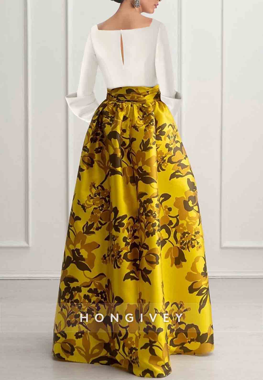 Floral Print A-Line 3/4 Sleeve Mother of the Bride Dress with Waistband and Keyhole Back