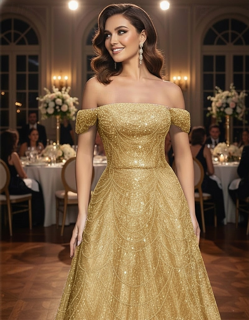 A-Line Floor-Length Off the Shoulder Glitter Evening Gowns with Beading