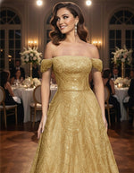 A-Line Floor-Length Off the Shoulder Glitter Evening Gowns with Beading