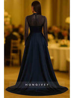 High Neck Long Sleeve Beading Sequined Evening Gown A-line