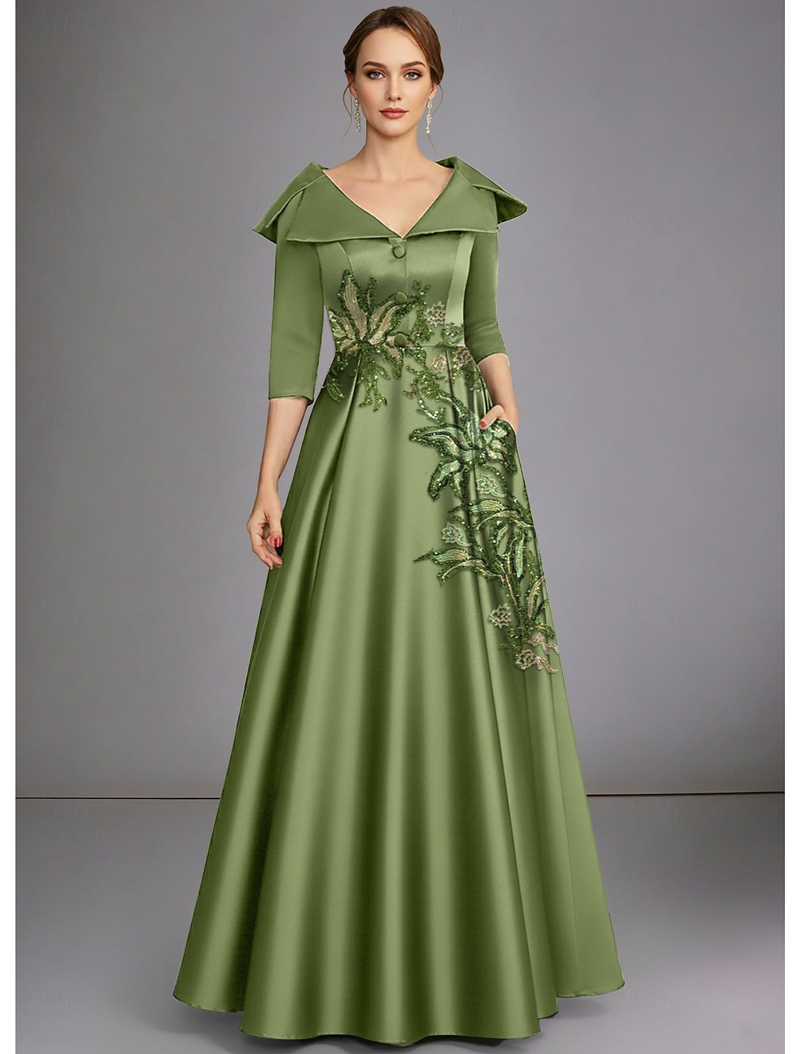 V-Neck Half Sleeve Applique Sequins A-Line Evening Dress Formal