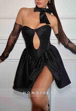 Black Side Slit Satin A-Line Short Lace Homecoming Dress with Keyhole