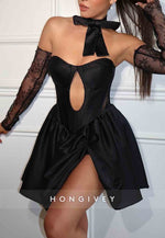 Black Side Slit Satin A-Line Short Lace Homecoming Dress with Keyhole