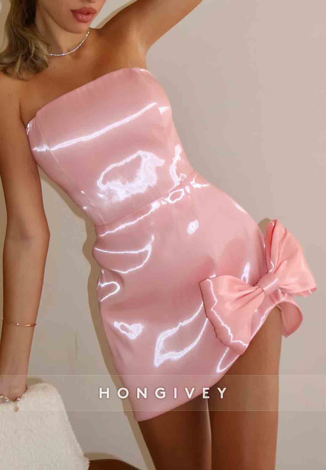 Cute Blushing Pink Sheath Strapless Mini Homecoming Dress with Bowknot