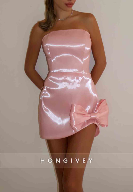 Cute Blushing Pink Sheath Strapless Mini Homecoming Dress with Bowknot