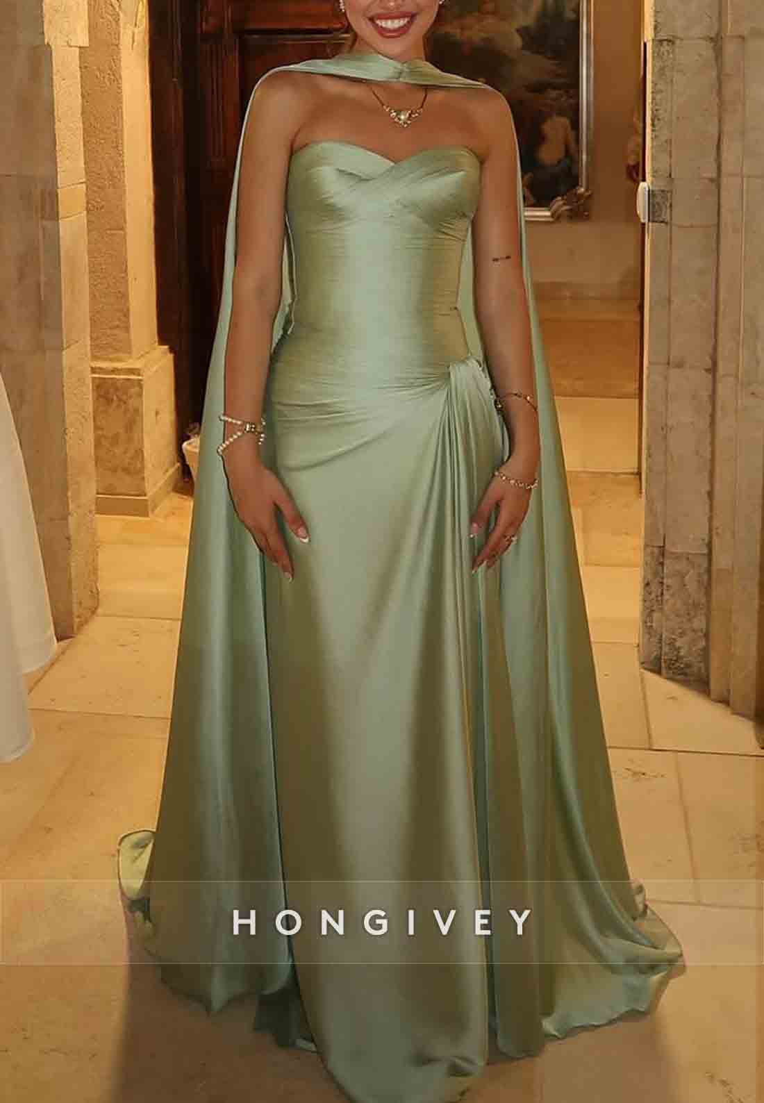 Halter Satin Sweetheart Pleated Evening Gowns Guest of Wedding with Cloak