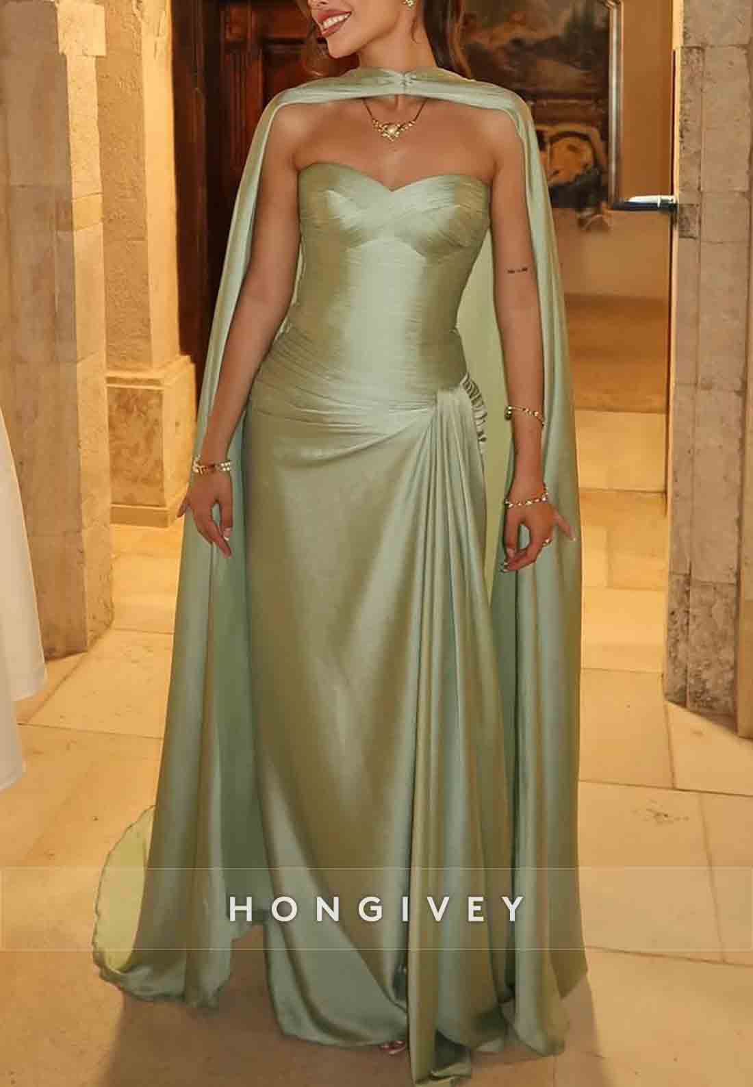 Halter Satin Sweetheart Pleated Evening Gowns Guest of Wedding with Cloak