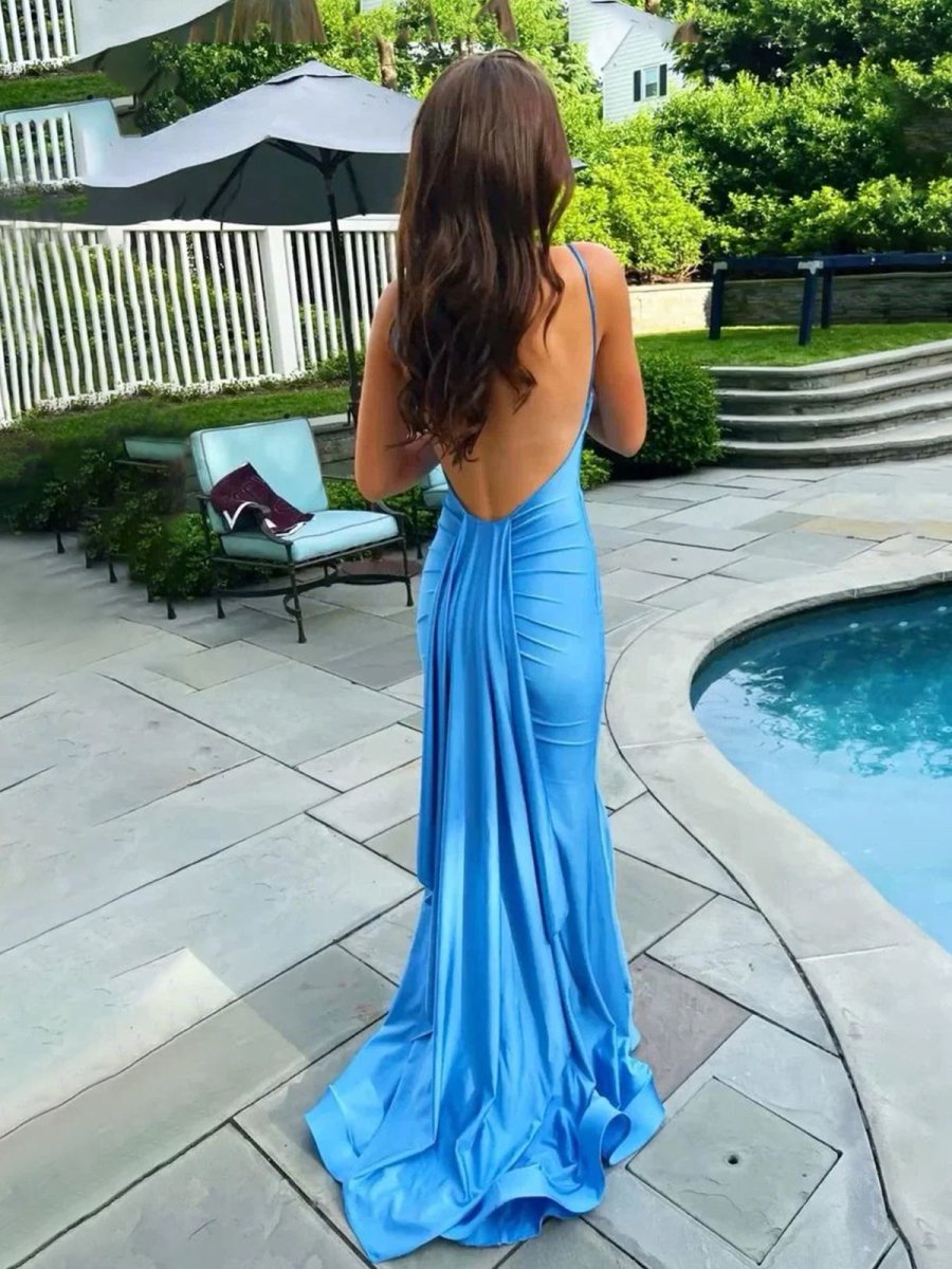 Blue Spaghetti Straps Mermaid Satin Backless Long Prom Dress
