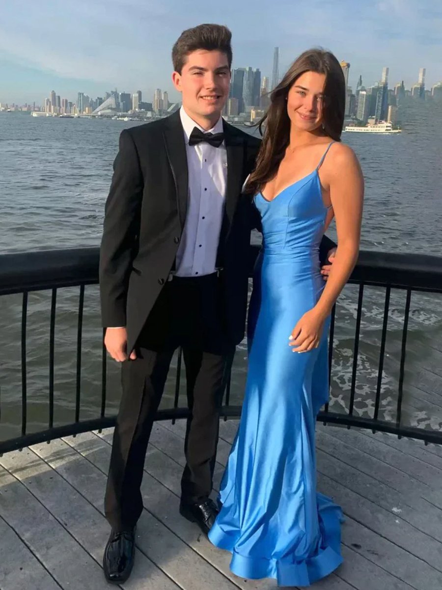 Blue Spaghetti Straps Mermaid Satin Backless Long Prom Dress