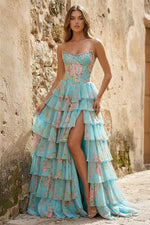 Scoop Neck A Line Floral Chiffon Ruffled Prom Dresses With Beading