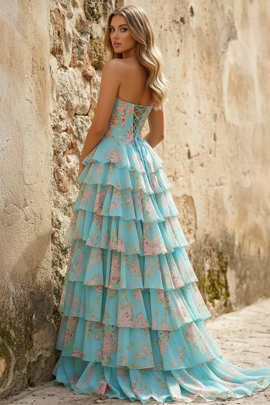 Scoop Neck A Line Floral Chiffon Ruffled Prom Dresses With Beading