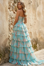 Scoop Neck A Line Floral Chiffon Ruffled Prom Dresses With Beading