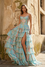 Scoop Neck A Line Floral Chiffon Ruffled Prom Dresses With Beading