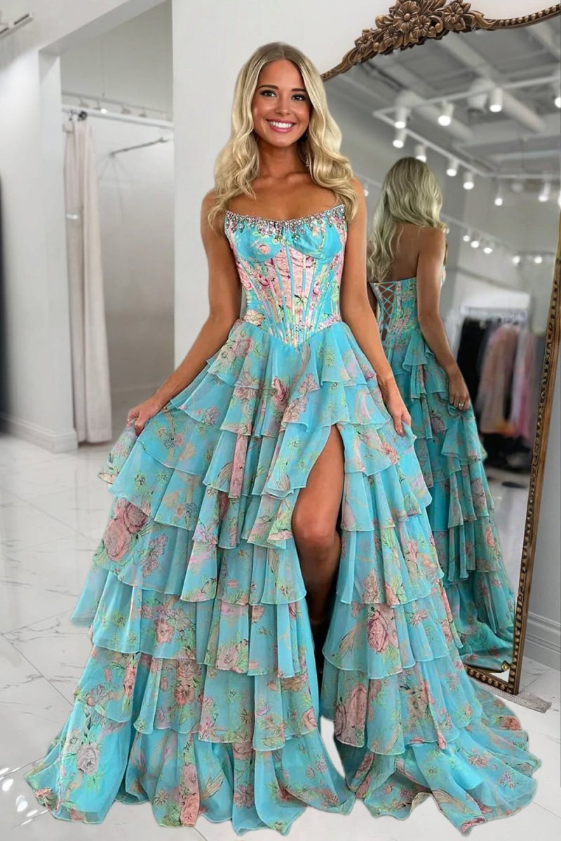 Scoop Neck A Line Floral Chiffon Ruffled Prom Dresses With Beading
