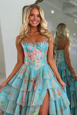 Scoop Neck A Line Floral Chiffon Ruffled Prom Dresses With Beading