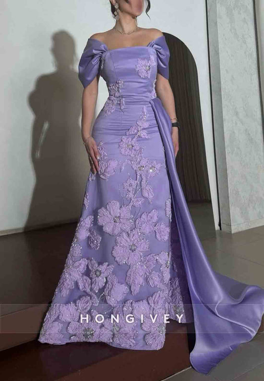Short Sleeves Satin Side Draping Appliqued Floor-Length Flowers Evening Gowns