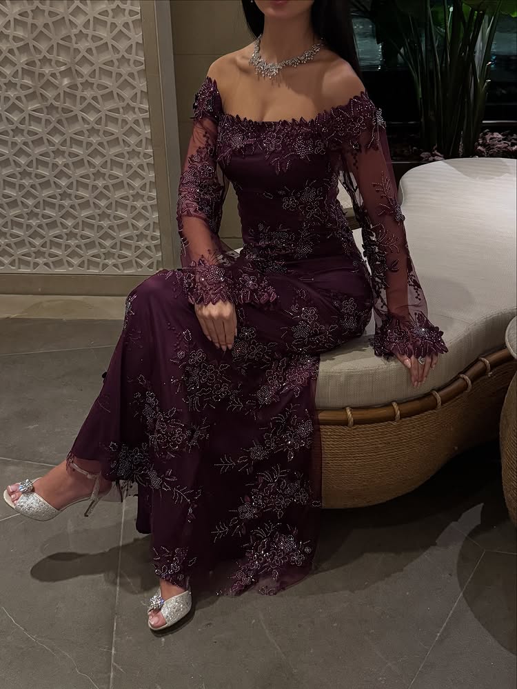Purple Off the Shoulder Long Sleeve Sparkle Mermaid Evening Dress